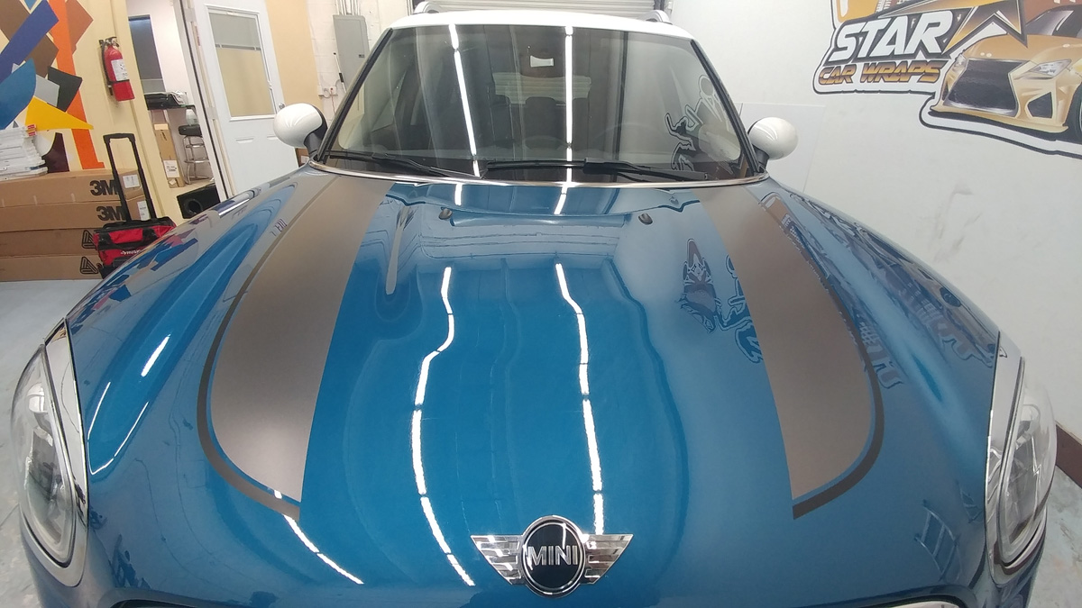 mini cooper hood racing stripes star car wraps south florida dania beach